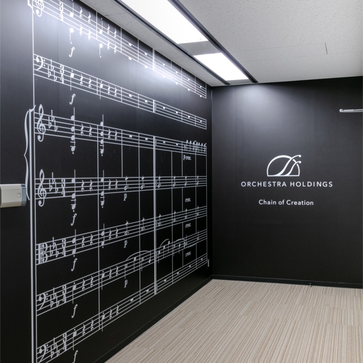 ベートーベン「英雄」の楽譜が描かれたオフィスの壁